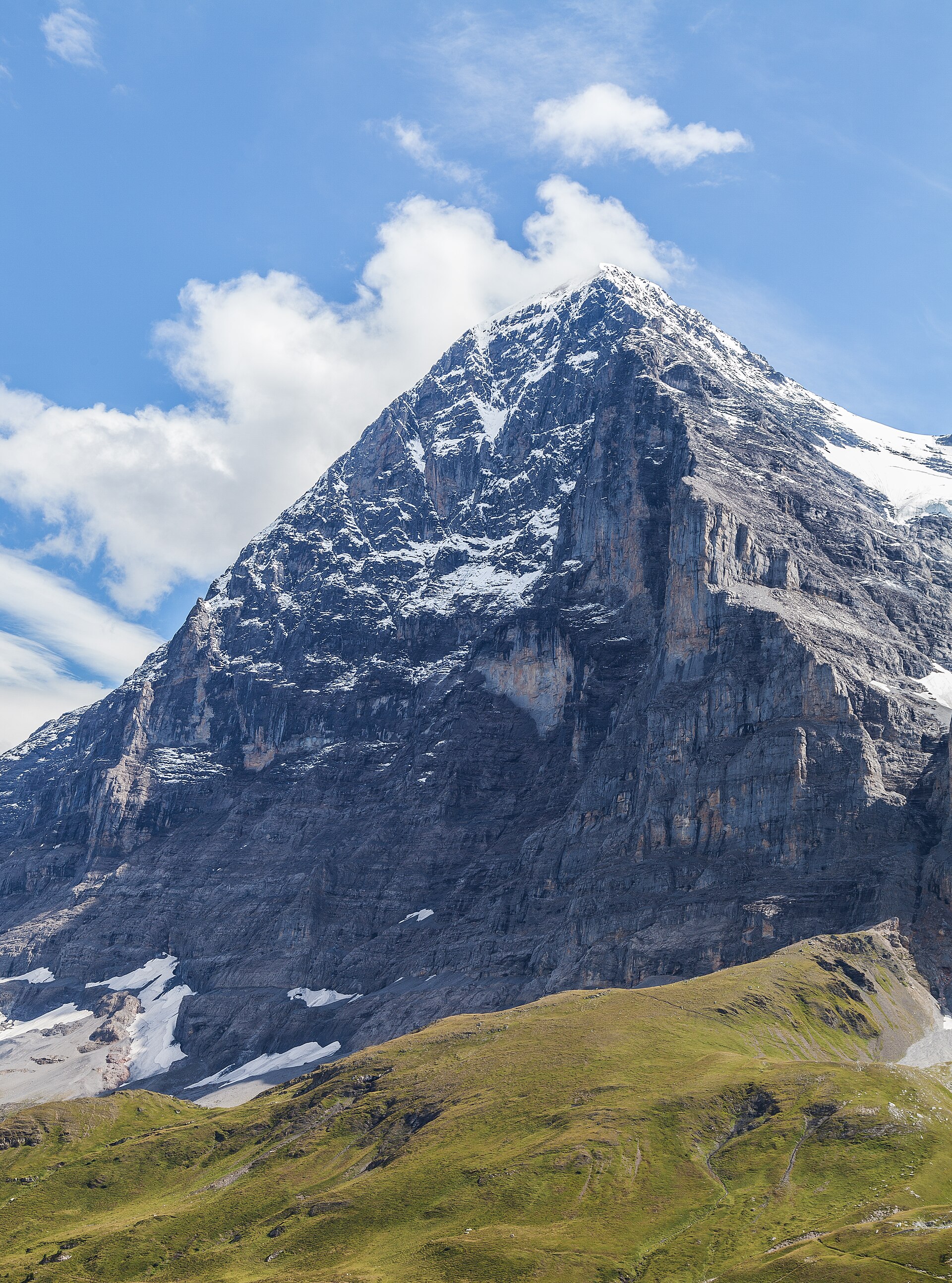 Eiger-Nordwand aus Kalkstein über den Wiesen von Grindelwald