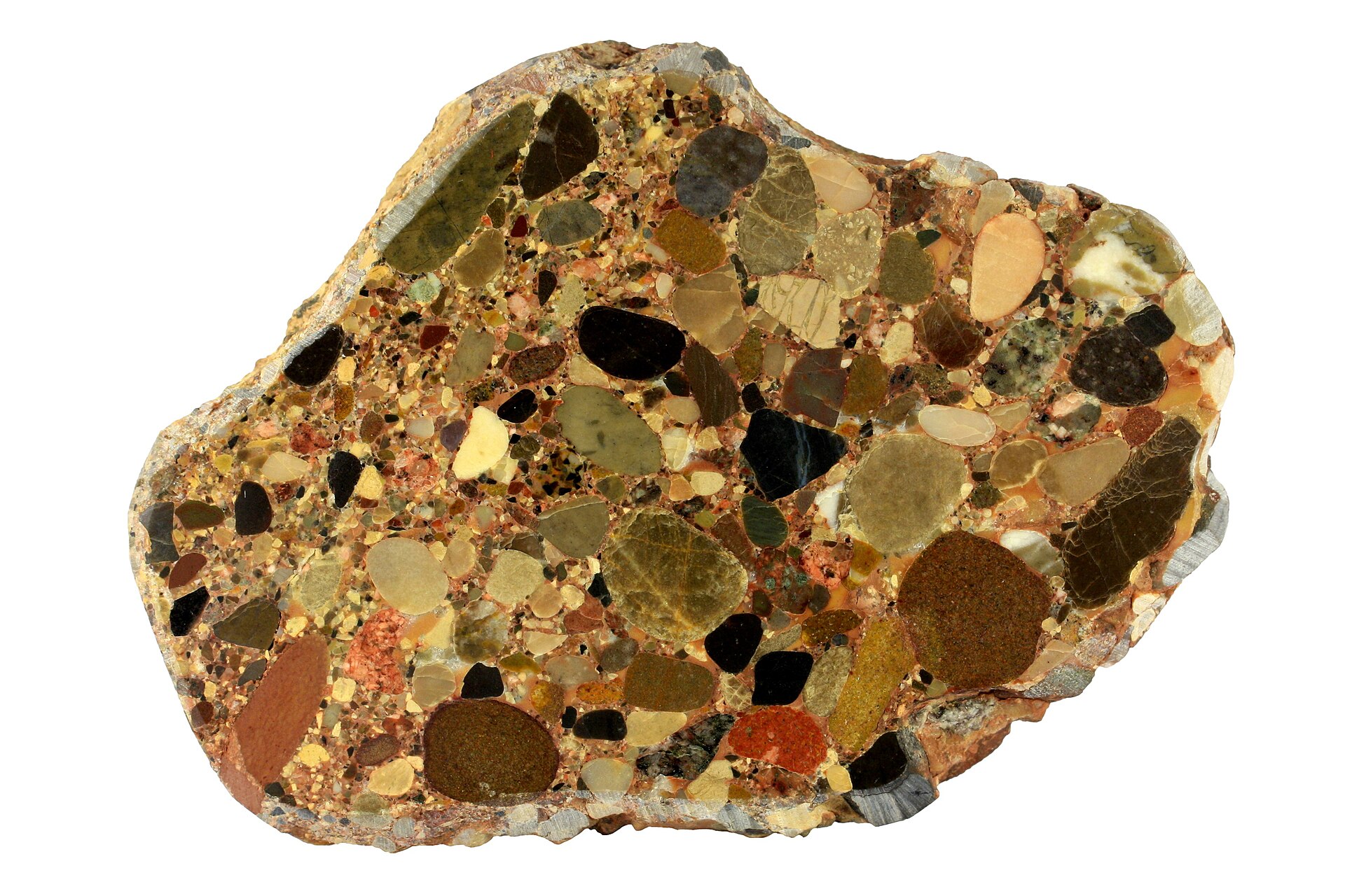 Polierter Konglomerat-Schliff: bunte gerundete Gerölle in sandiger Matrix, 9 cm