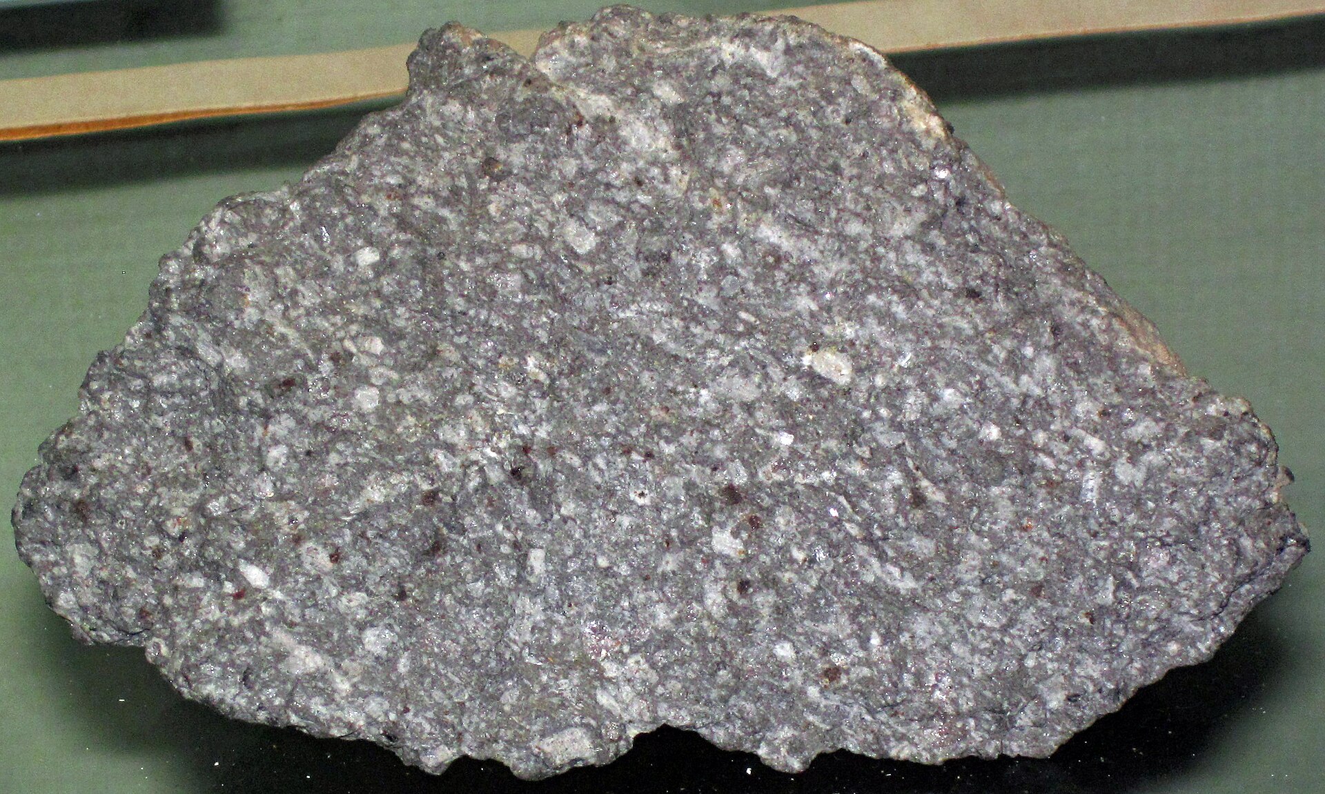Porphyrisches Rhyolith-Handstück: helle Feldspat-Einsprenglinge in feiner grauvioletter Grundmasse